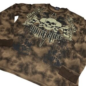 Y2K‎ MMA Elite Thermal Shirt Mens XL Brown Tie Dye Skull Graphic Long Sleeve VTG